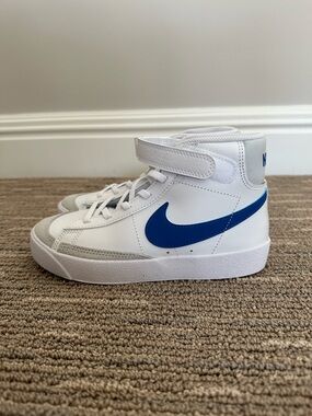 Nike Kids 2Y White High-Top Sneakers with Blue Swoosh